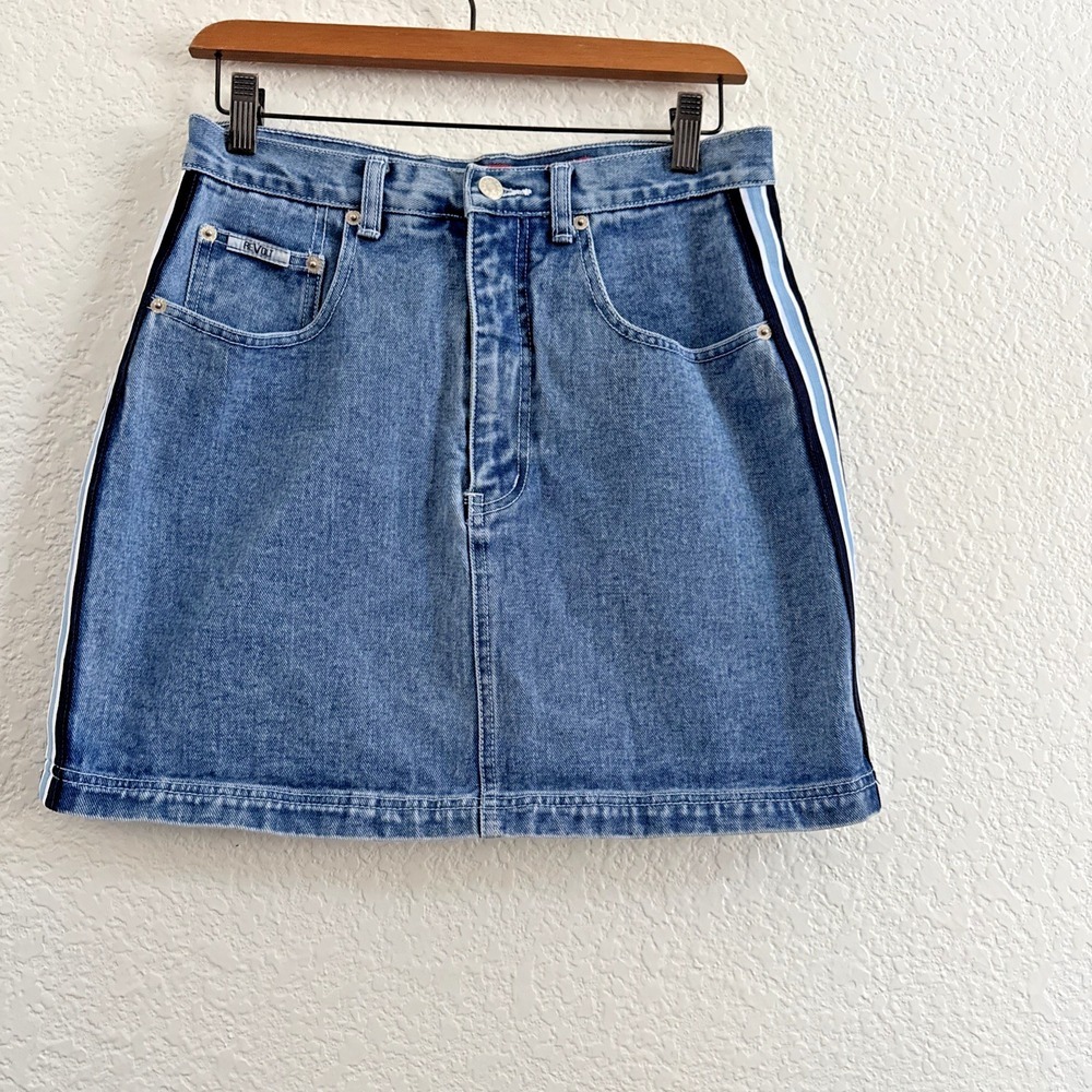 Vintage Revolt Denim Mini Skirt Y2K 90s Side Stripes Blue Women Size 11/12 Retro